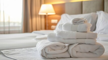 Fototapeta na wymiar a white stack of towels in the hotel room. close-up