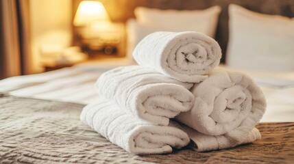 a white stack of towels in the hotel room. close-up - obrazy, fototapety, plakaty