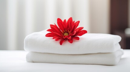 Obraz na płótnie Canvas a white stack of towels and a Flower in the hotel room. close-up