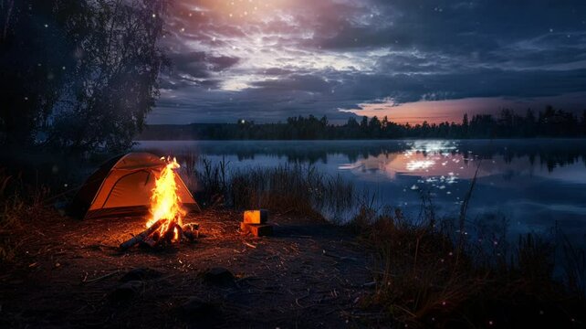 Scene of a campfire in the lake, sunset, animation video looping motion 
