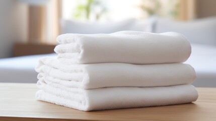 a white stack of towels in the hotel room. close-up - obrazy, fototapety, plakaty