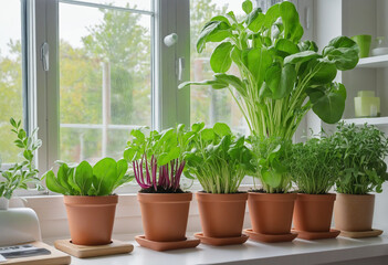 Grow your own trend, people growing veggies and herbs indoors on a sunny windowsill - obrazy, fototapety, plakaty