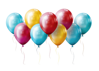 A bunch of colorful balloons are floating in the air. The balloons are of different colors, including blue, red, yellow, and green. Concept of celebration and joy