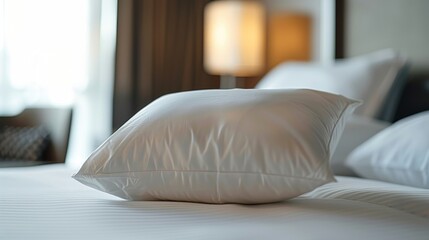 White pillows on the bed in a hotel room, close-up - obrazy, fototapety, plakaty