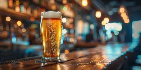 Refreshing beer in a pint glass at a bustling bar scene. Concept Bar Scene, Pint Glass, Refreshing Beer, Social Setting, Nightlife - obrazy, fototapety, plakaty