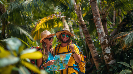 young tourists couple smiling and pointing at a map, dressed in bright colors with sunglasses and hats, summer travel concept