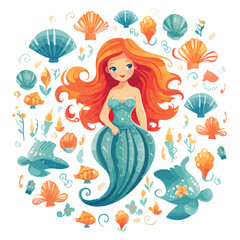 Obraz na płótnie Canvas A whimsical mermaid and seashell pattern illustration