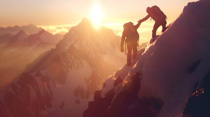 Silhouette image of a hiker extending a helping hand to their friend as they ascend towards the mountain summit, concept triumph of friendship - obrazy, fototapety, plakaty