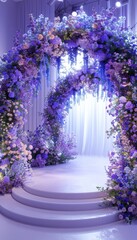 Lavender arch empty product podium in a whimsical twilight setting for captivating displays