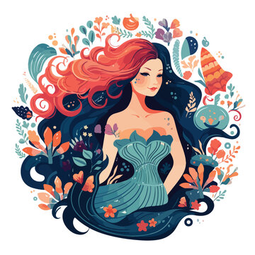 A whimsical mermaid and seashell pattern illustration