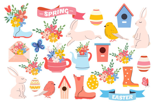 Easter set in hand drawn style. Vector. Labels, flag, rabbit, eggs, flowers, envelopes, birdhouses. Hello spring collection. Pastel and modern trendy vibrant. Clipart. Traditional bunny. Modern doodle