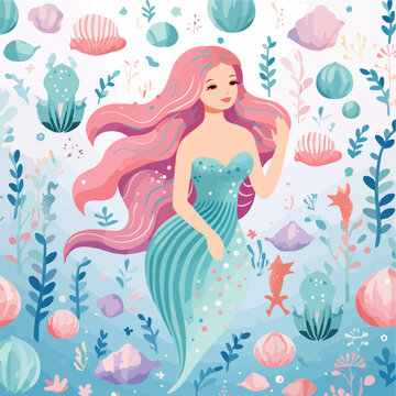 A whimsical mermaid and seashell pattern illustration