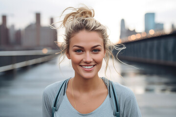 A smiling young woman stands in front of a body of water in the city.
