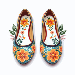 A whimsical pair of embroidered flats illustration