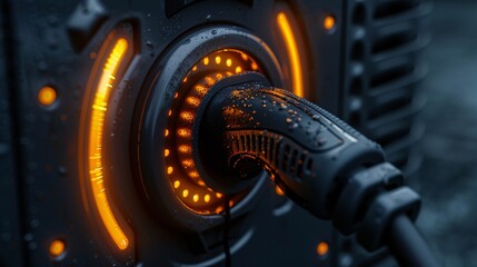 macro photo of Charging connector for electric car, dark backdrop, black and orange color, text copy space