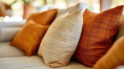 Comfortable sofa with mix of orange textured pillows.