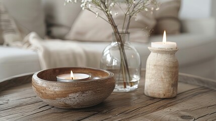 Elegant home ambiance with candle and delicate white flowers.