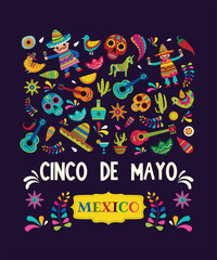 Colorful Mexico And Mexican Fiesta Icons And Party Vectors For Cinco De Mayo