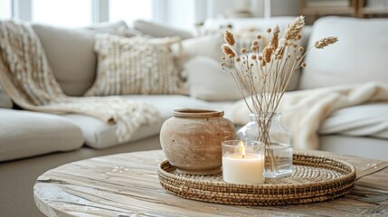 Serene interior with lit candle, dried grass, and ceramic decor.