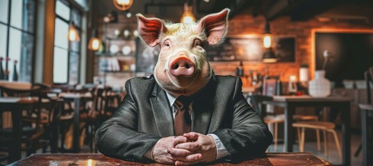 Pig in formal attire dining at a table  quirky animal business scene in a humorous setting