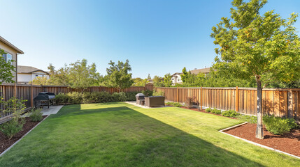 Beautiful backyard with seating and lush greenery, large patio area - 761318374