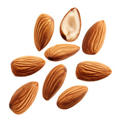 Almonds falling healthy snack isolated on a white background, showcasing their natural organic and raw quality, AI generated, PNG transparent