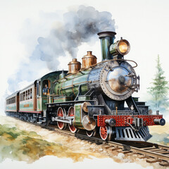 Naklejka premium Watercolor Seamless STEAM TRAIN Illustration, Generative Ai