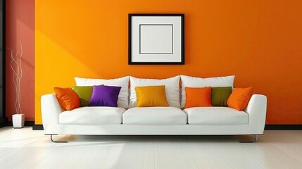 A chic white sofa adorned with colorful pillows against a vibrant orange wall.
