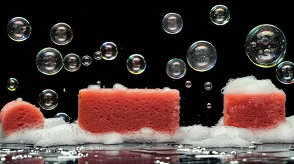 Pink sponge with soap suds and air bubbles on reflective surface. - obrazy, fototapety, plakaty
