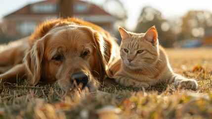 A Golden Retriever and orange cat lying on the ground.