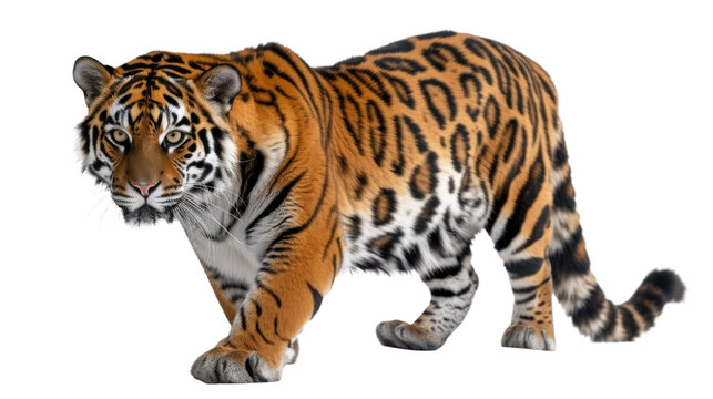 The powerful image captures a tiger mid-stride with an intense and penetrating gaze detached from a white backdrop