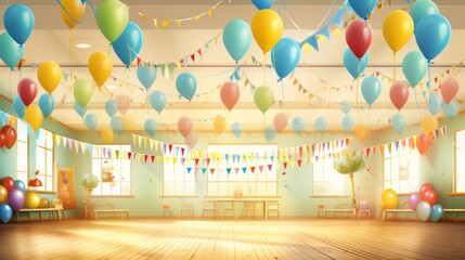 Colorful classroom scene with decorations and messages for national teacher day in digital art.