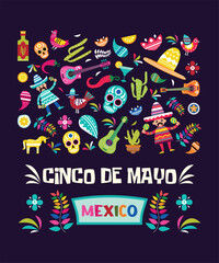 Colorful Mexico And Mexican Fiesta Icons And Party Vectors For Cinco De Mayo