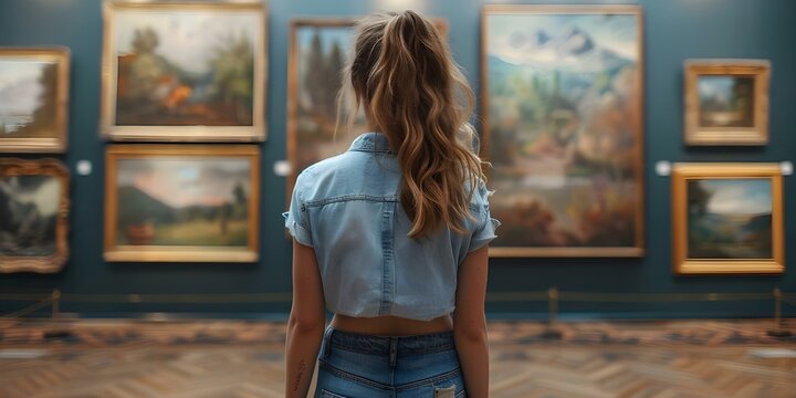 Finding Inspiration: A Woman Contemplates Art at the Museum. Concept Art Appreciation, Museum Visit, Contemplation, Inspiration, Woman Portrait