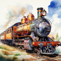 Obraz premium Watercolor Seamless STEAM TRAIN Illustration, Generative Ai