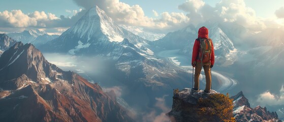 Adventurer in snow gear on a mountain ledge, encapsulates the spirit of hiking, exploration, and the breathtaking beauty of outdoor travel.