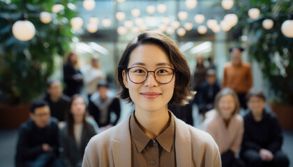 A woman wearing glasses and a brown shirt stands in front of a group of people. She is smiling and looking directly at the camera. The scene appears to be a casual gathering or a social event