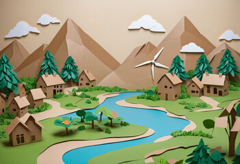 Landscape made with recycled cardboard and paper of mountains with windmills and houses