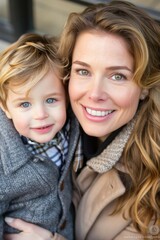 Smiling woman with young boy outdoors in cozy attire.
