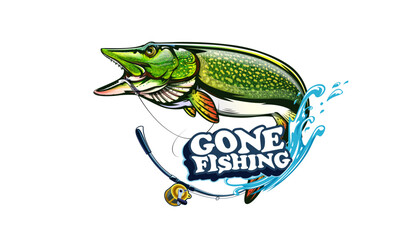 Pike fish fishing emblem. Isolated detailed pike vector logo. Handdrawn fishing theme.