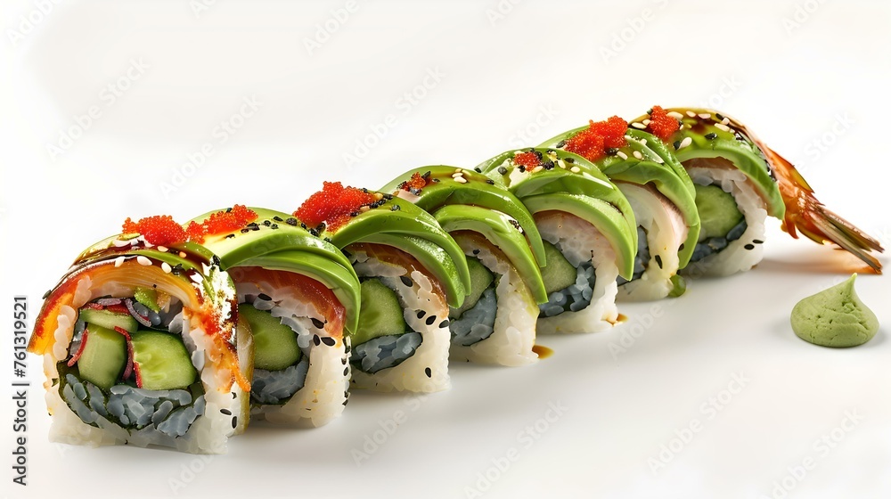 Poster Delicious and fresh sushi rolls lined up - japanese cuisine concept. culinary artistry displayed on a white background. perfect for menu designs. AI