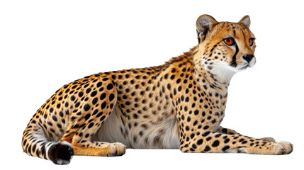 A vigilant cheetah sits with a focused gaze, beautifully draped with its spotted coat, isolated on white
