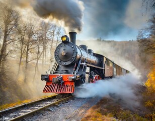 Une locomotive à vapeur crache sa fumée  - obrazy, fototapety, plakaty