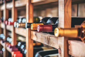 Obraz premium Weinflaschen in einem Weinregal in einem Weinkeller 