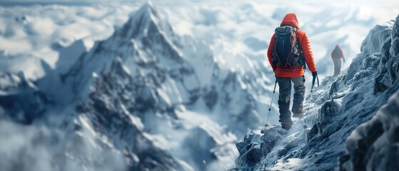 Naklejka na ściany i meble Hiker gazes at snowy mountain ranges, representing the journey of adventure, travel, and discovery in the great outdoors and the call of the wild
