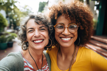 Two women happily smile and pose for a selfie, enjoying a moment of friendship and connection. - obrazy, fototapety, plakaty