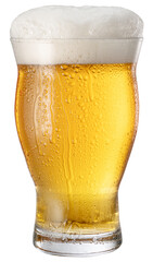 Glass of chilled light beer with large head of foam isolated on white background. Clipping path.
