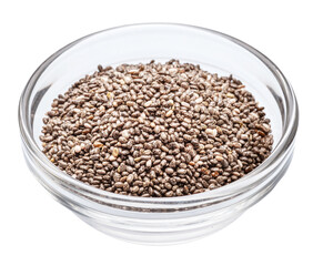 Heap of chia seeds glass bowl isolated on white background.