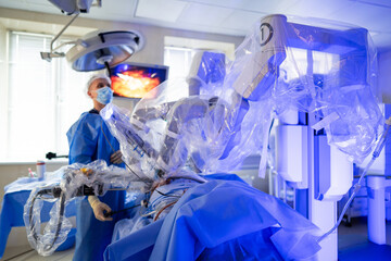 Modern futuristic robot surgery process. Innovative operating technologies.