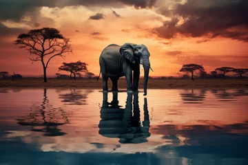 Poster Lonely elephant in surreal wilderness, symbolizing loneliness in vast eerie landscape © Aliaksandra